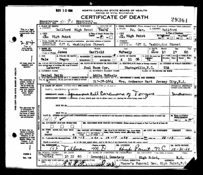 James G McNeely Death Cert