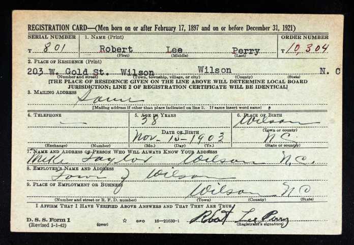 TAYLOR -- RL Perry WW2 Draft Card