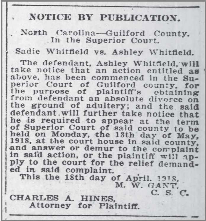 Gboro Patriot May 1918 Whitfield divorce