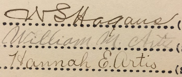 WS Hagans WM Artis Hannah Artis Sig